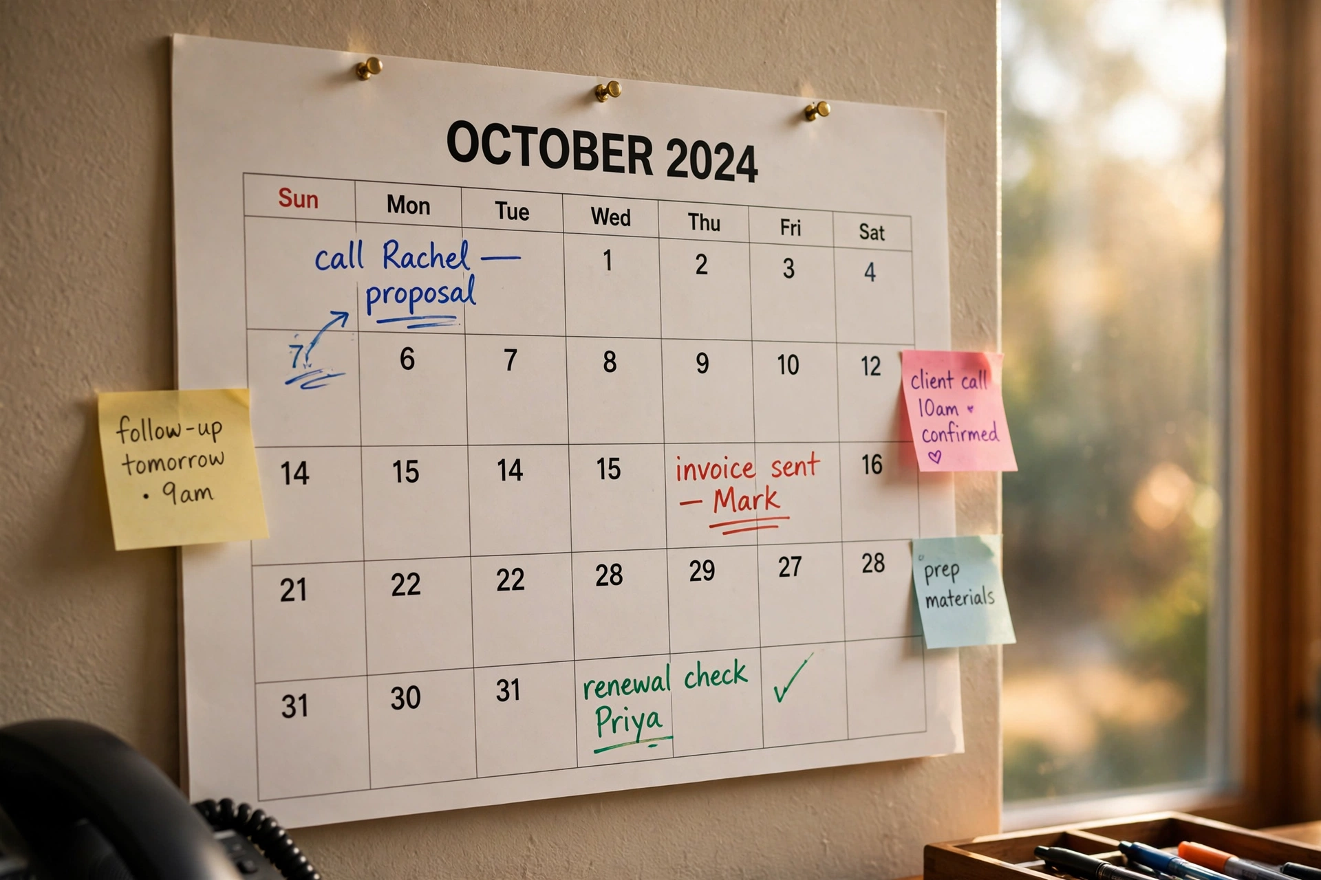 Close-up of a large paper wall calendar pinned beside a home-office window, covered in handwritten client follow-up reminders in colored marker ink — 'call Rachel, proposal', 'invoice sent, Mark', 'renewal check, Priya' — with sticky notes along the margin and a desk phone at the edge of the frame, in warm morning window light.