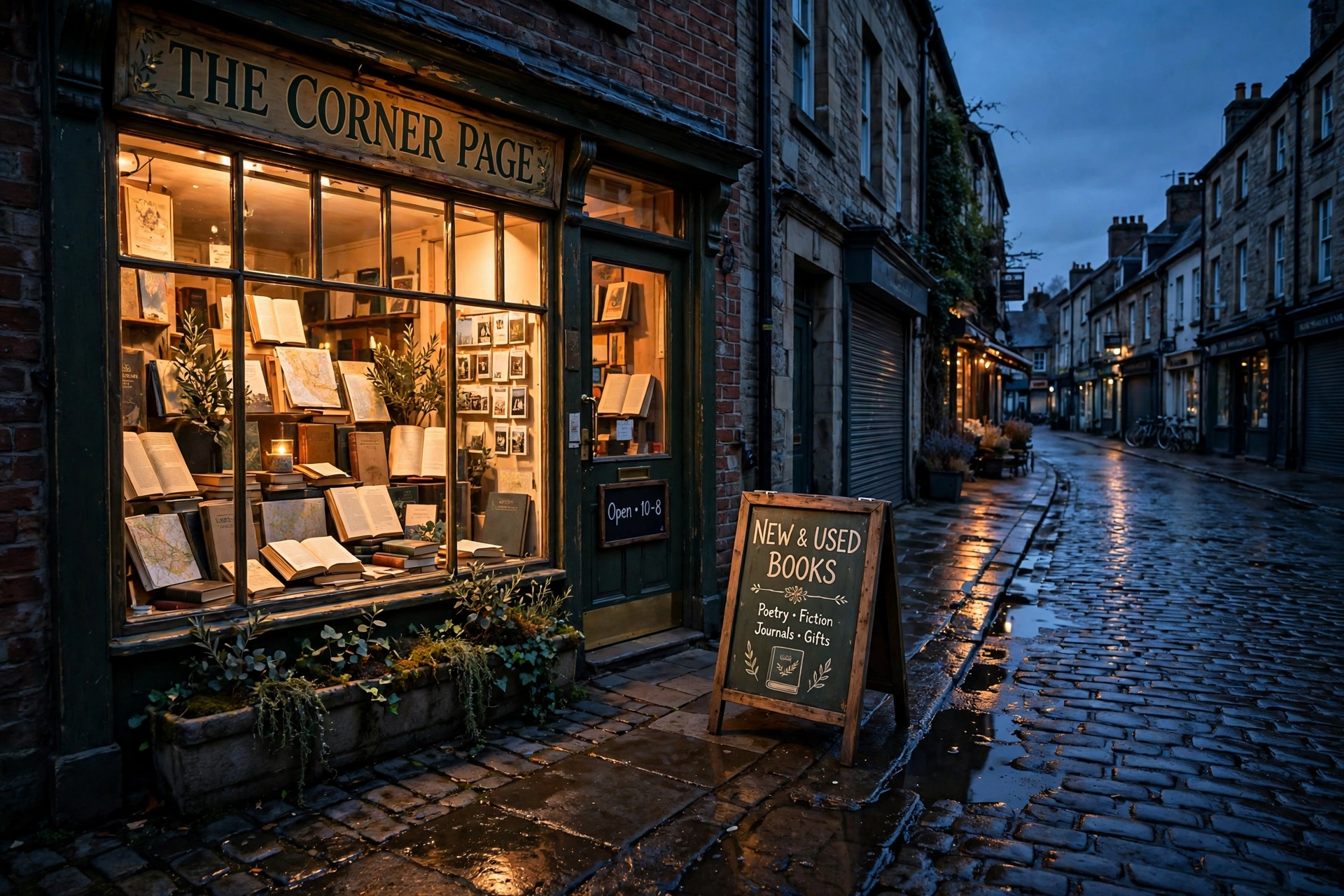 Exterior of a small independent bookshop at blue hour, warm amber light spilling from its window display of open books, a hand-painted wooden A-frame sidewalk sign on the wet cobblestone street.